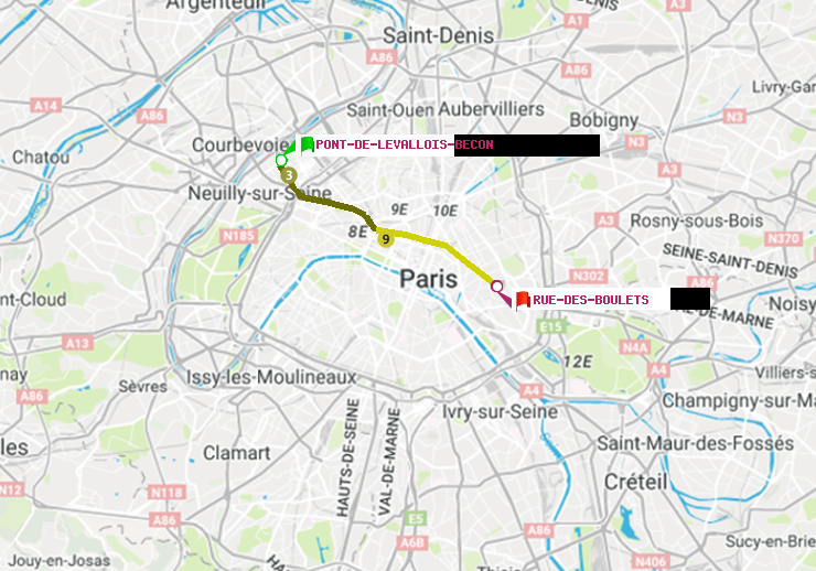 plan itinéraire ratp de Pont de Levallois-Bécon à Rue des Boulets
