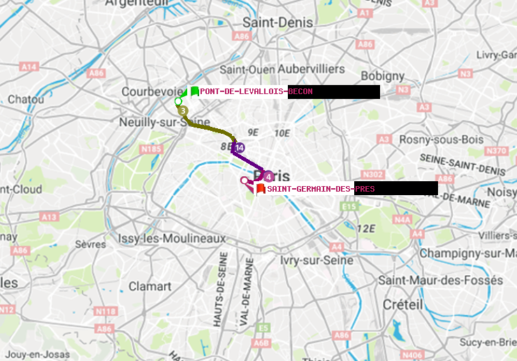 plan itinéraire ratp de Pont de Levallois-Bécon à Saint-Germain des Prés