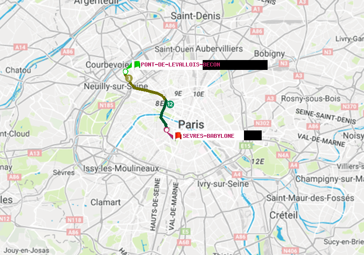 plan itinéraire ratp de Pont de Levallois-Bécon à Sèvres-Babylone