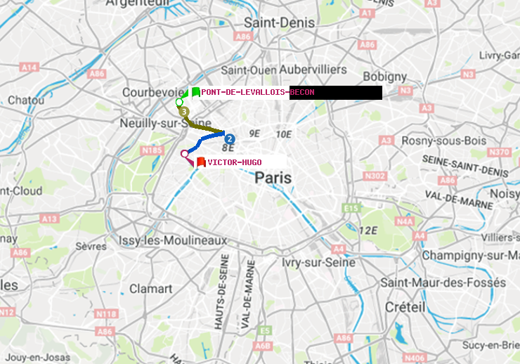 plan itinéraire ratp de Pont de Levallois-Bécon à Victor Hugo