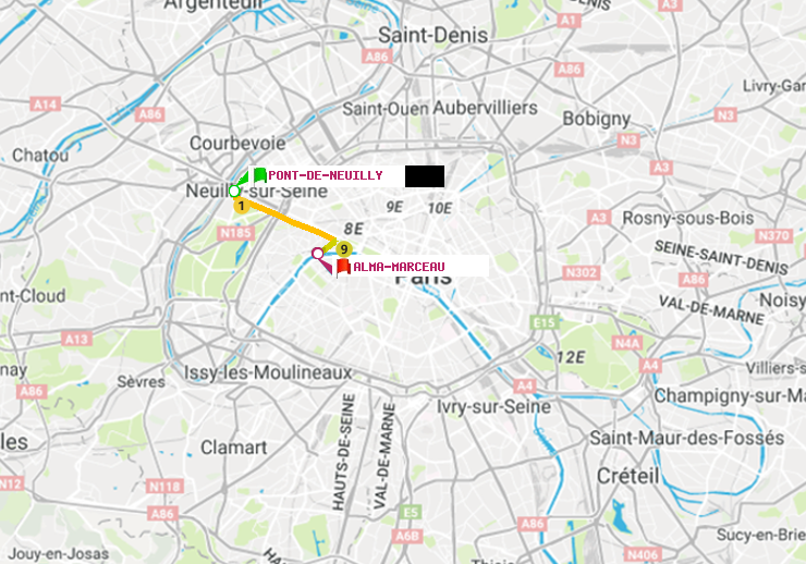 plan itinéraire ratp de Pont de Neuilly à Alma-Marceau