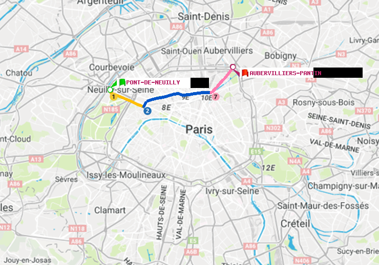 plan itinéraire ratp de Pont de Neuilly à Aubervilliers Pantin (4 Chemins)
