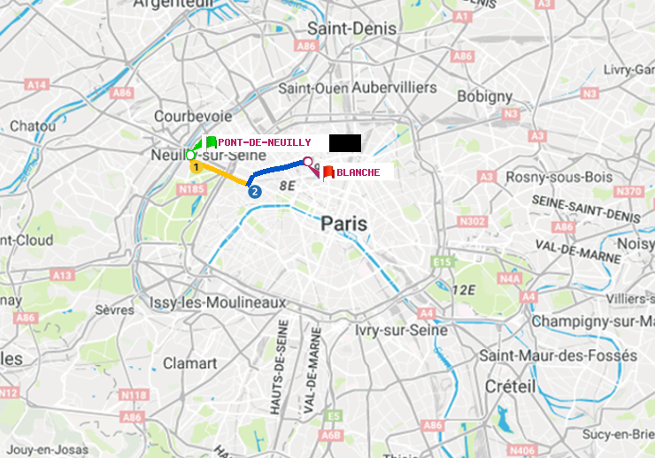 plan itinéraire ratp de Pont de Neuilly à Blanche