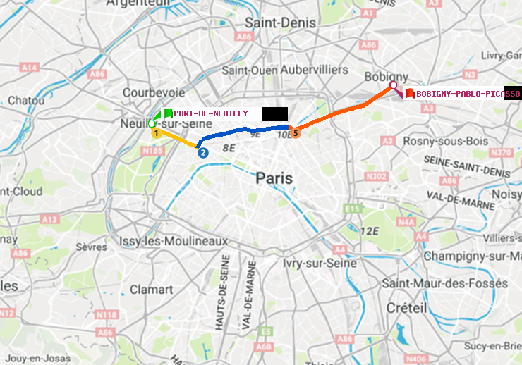 plan itinéraire ratp de Pont de Neuilly à Bobigny-Pablo-Picasso