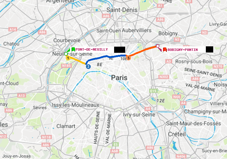 plan itinéraire ratp de Pont de Neuilly à Bobigny-Pantin (Raymond Queneau)