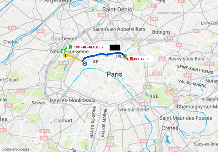 plan itinéraire ratp de Pont de Neuilly à Bolivar
