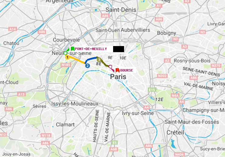 plan itinéraire ratp de Pont de Neuilly à Bourse