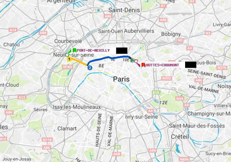 plan itinéraire ratp de Pont de Neuilly à Buttes-Chaumont