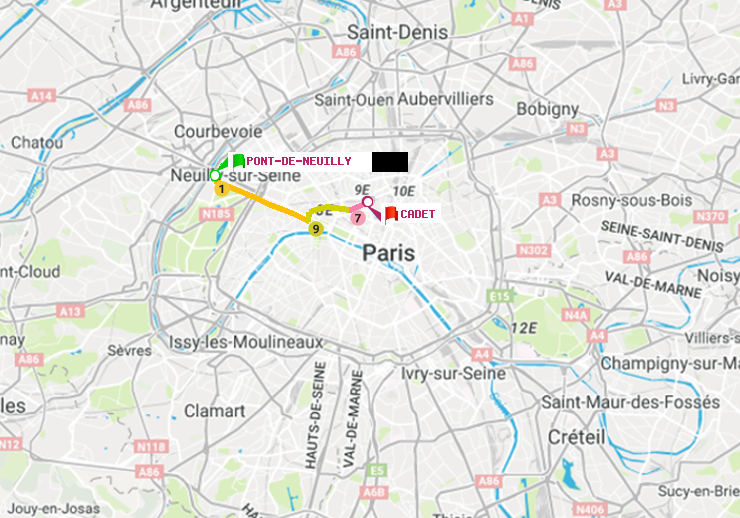 plan itinéraire ratp de Pont de Neuilly à Cadet