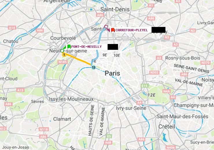 plan itinéraire ratp de Pont de Neuilly à Carrefour-Pleyel