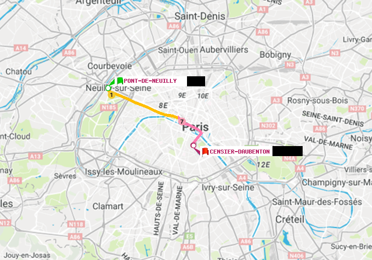 plan itinéraire ratp de Pont de Neuilly à Censier-Daubenton