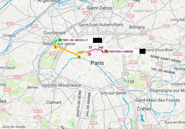 plan itinéraire ratp de Pont de Neuilly à Château Landon