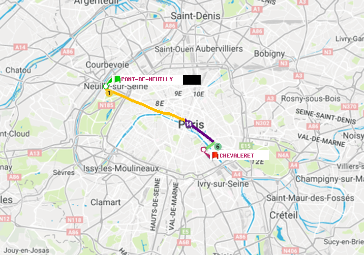 plan itinéraire ratp de Pont de Neuilly à Chevaleret