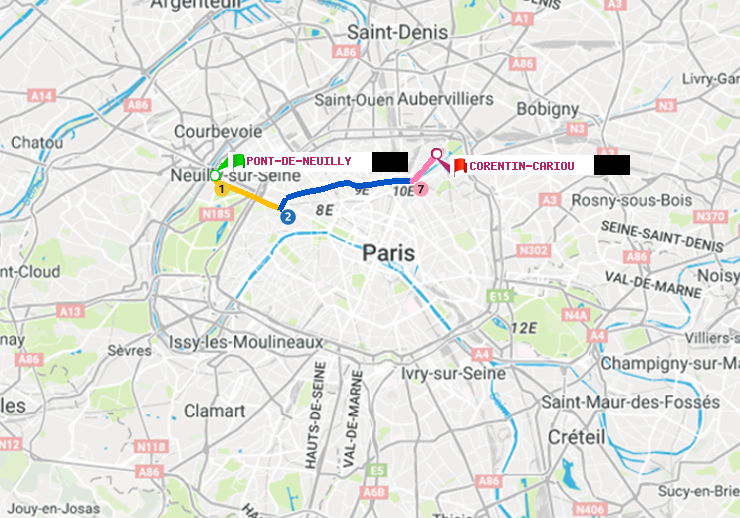plan itinéraire ratp de Pont de Neuilly à Corentin-Cariou