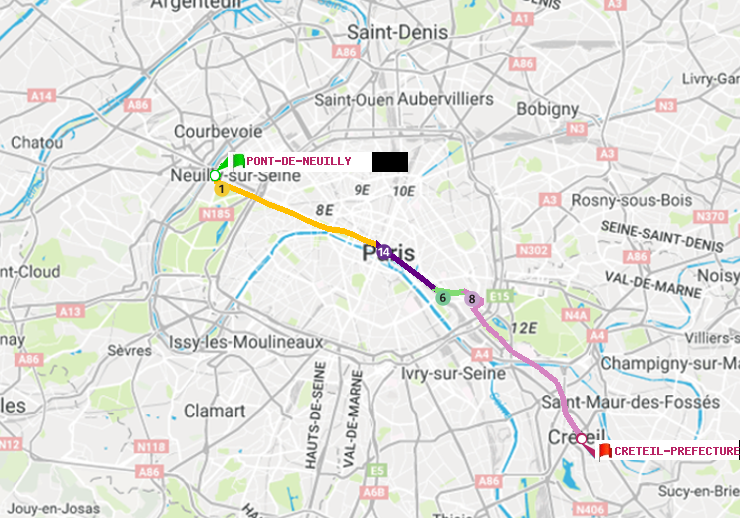 plan itinéraire ratp de Pont de Neuilly à Créteil-Préfecture (Hôtel de Ville)