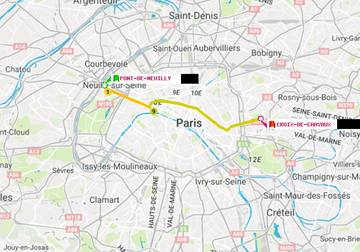 plan itinéraire ratp de Pont de Neuilly à Croix-de-Chavaux (Jacques Duclos)
