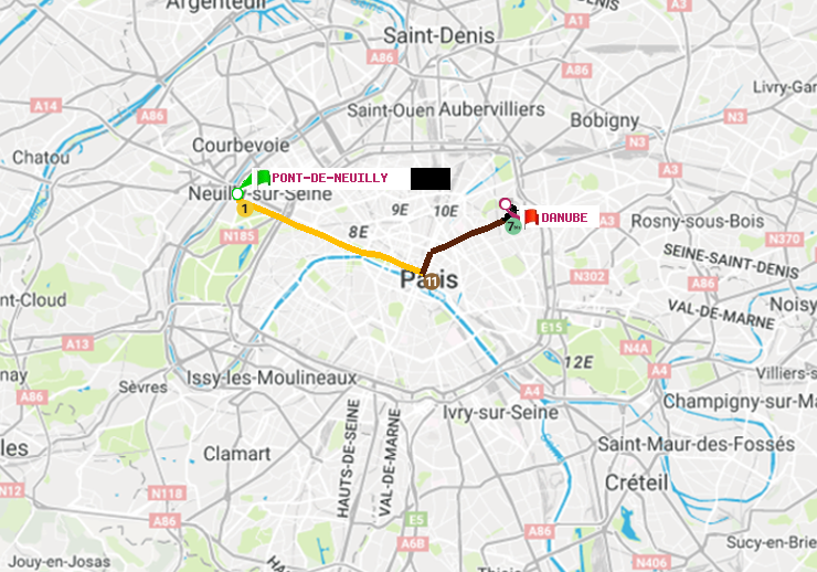 plan itinéraire ratp de Pont de Neuilly à Danube
