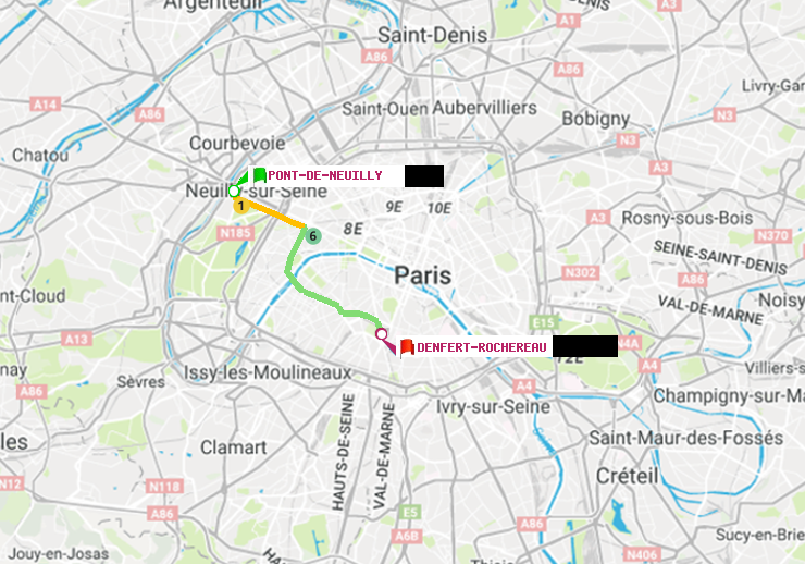 plan itinéraire ratp de Pont de Neuilly à Denfert-Rochereau