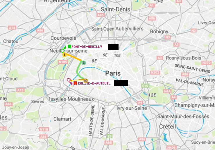 plan itinéraire ratp de Pont de Neuilly à Eglise d