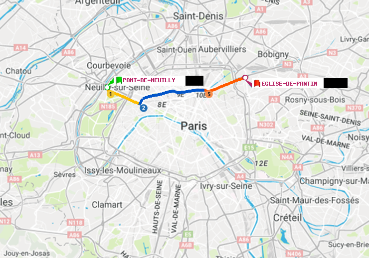 plan itinéraire ratp de Pont de Neuilly à Eglise de Pantin