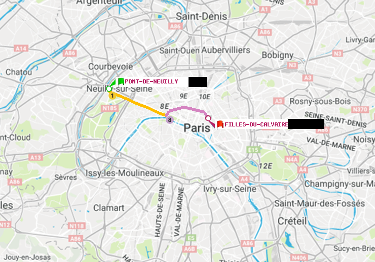 plan itinéraire ratp de Pont de Neuilly à Filles du Calvaire