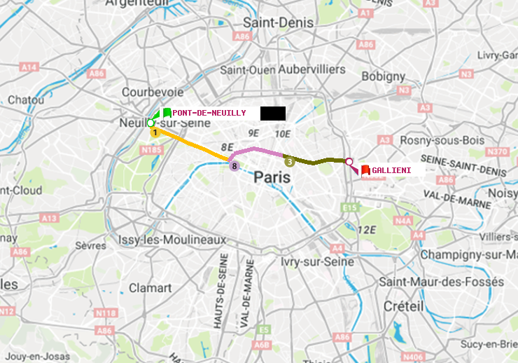 plan itinéraire ratp de Pont de Neuilly à Gallieni (Parc de Bagnolet)