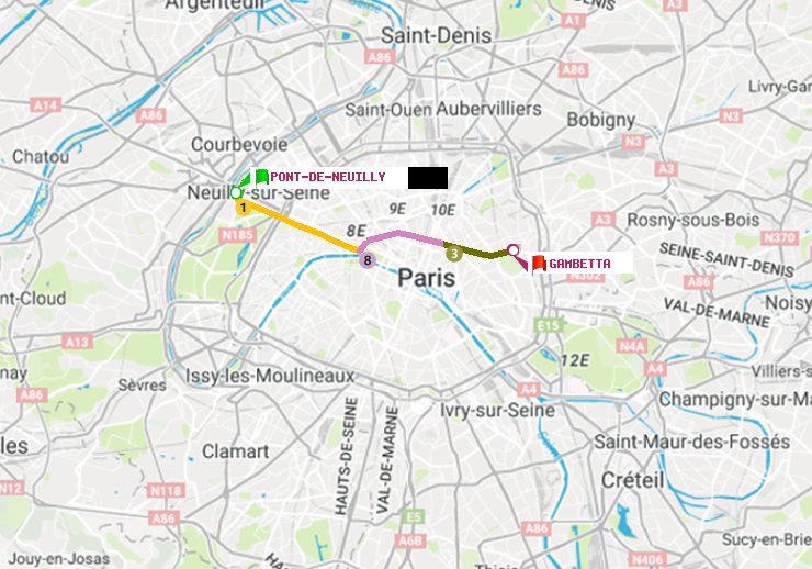 plan itinéraire ratp de Pont de Neuilly à Gambetta