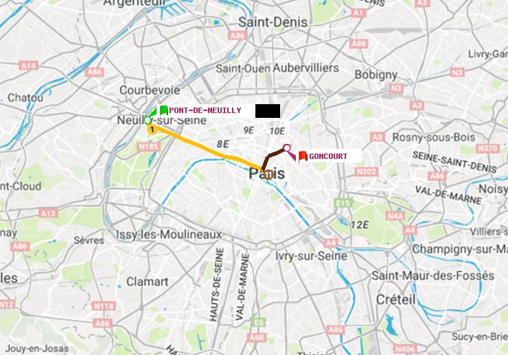 plan itinéraire ratp de Pont de Neuilly à Goncourt (Hôpital Saint-Louis)