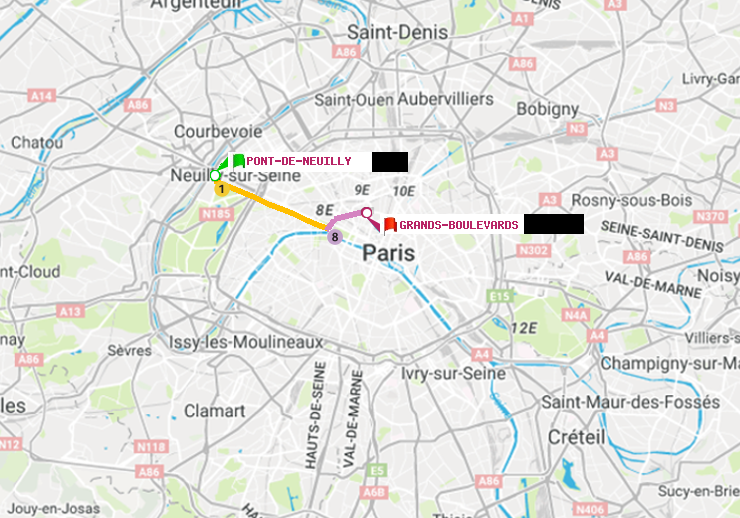 plan itinéraire ratp de Pont de Neuilly à Grands Boulevards
