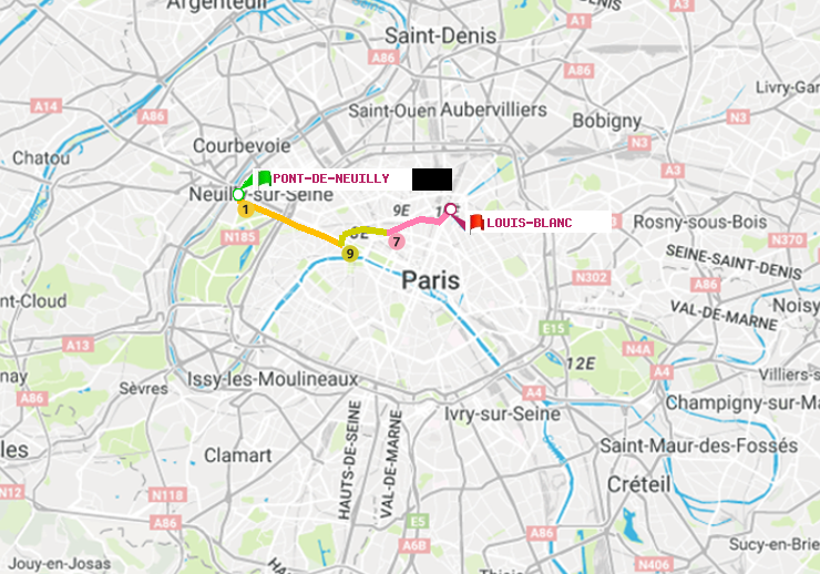 plan itinéraire ratp de Pont de Neuilly à Louis Blanc