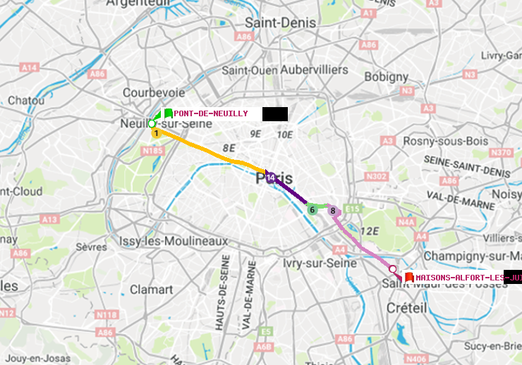 plan itinéraire ratp de Pont de Neuilly à Maisons-Alfort-Les Juilliottes