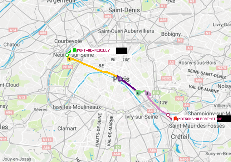 plan itinéraire ratp de Pont de Neuilly à Maisons-Alfort-Stade