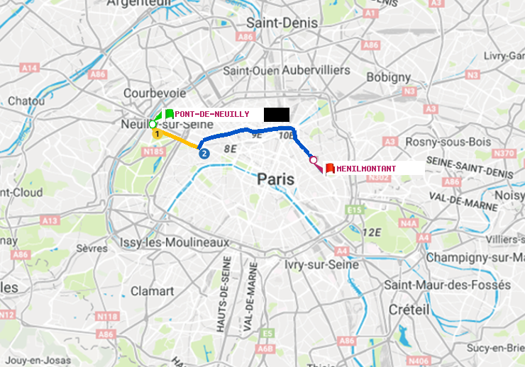 plan itinéraire ratp de Pont de Neuilly à Ménilmontant