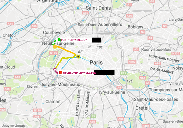 plan itinéraire ratp de Pont de Neuilly à Michel-Ange-Molitor