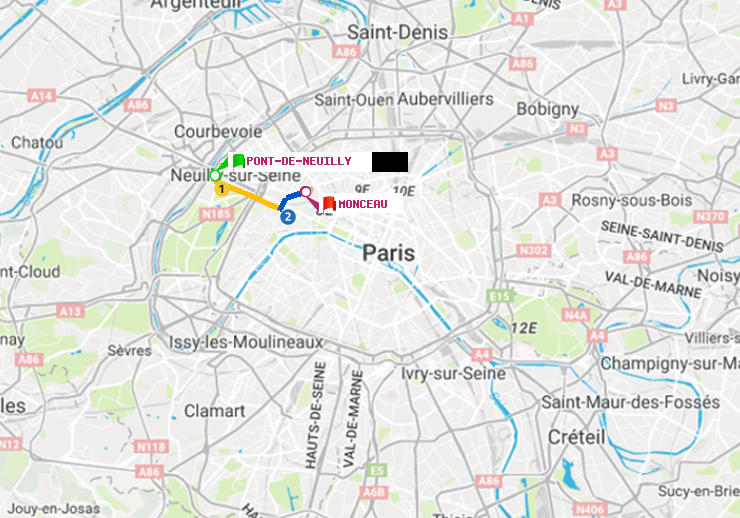 plan itinéraire ratp de Pont de Neuilly à Monceau