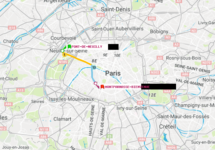 plan itinéraire ratp de Pont de Neuilly à Montparnasse-Bienvenue