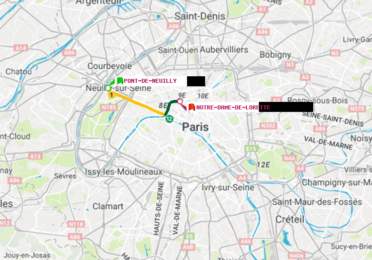 plan itinéraire ratp de Pont de Neuilly à Notre-Dame de Lorette