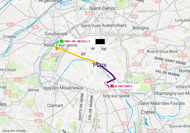 plan itinéraire ratp de Pont de Neuilly à Olympiades