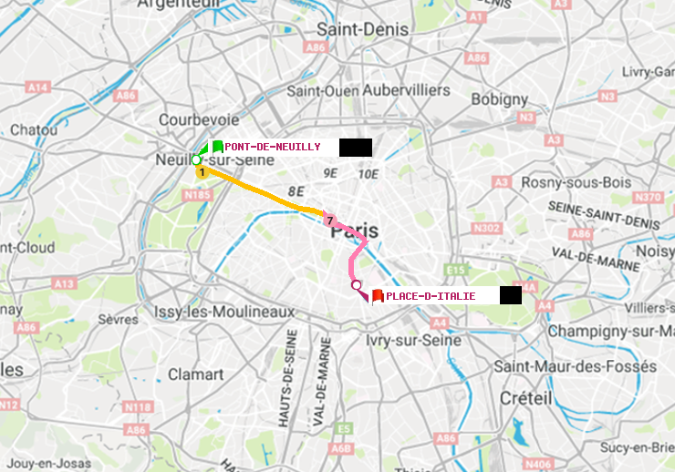 plan itinéraire ratp de Pont de Neuilly à Place d