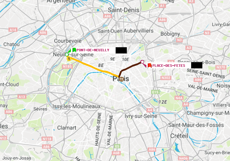 plan itinéraire ratp de Pont de Neuilly à Place des Fêtes