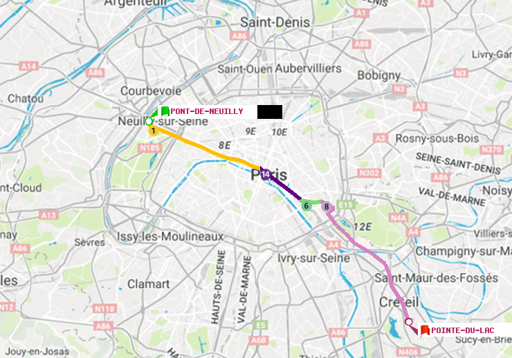 plan itinéraire ratp de Pont de Neuilly à Pointe du Lac