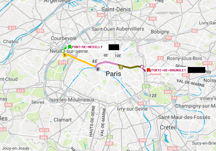 plan itinéraire ratp de Pont de Neuilly à Porte de Bagnolet