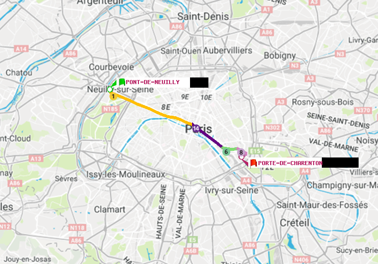 plan itinéraire ratp de Pont de Neuilly à Porte de Charenton