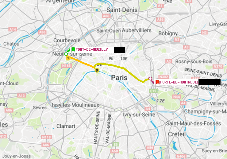 plan itinéraire ratp de Pont de Neuilly à Porte de Montreuil