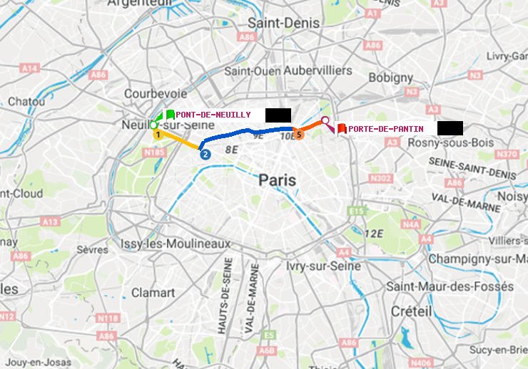 plan itinéraire ratp de Pont de Neuilly à Porte de Pantin