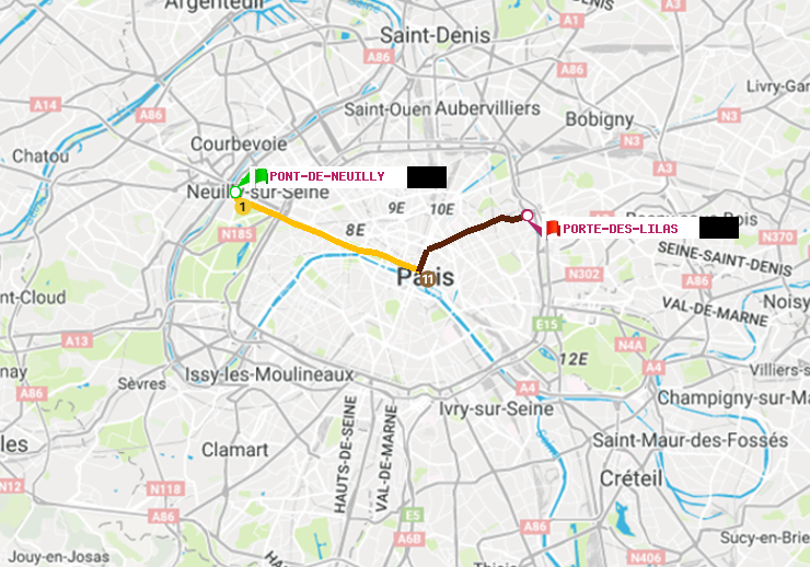 plan itinéraire ratp de Pont de Neuilly à Porte des Lilas