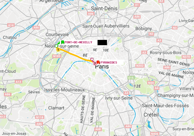 plan itinéraire ratp de Pont de Neuilly à Pyramides