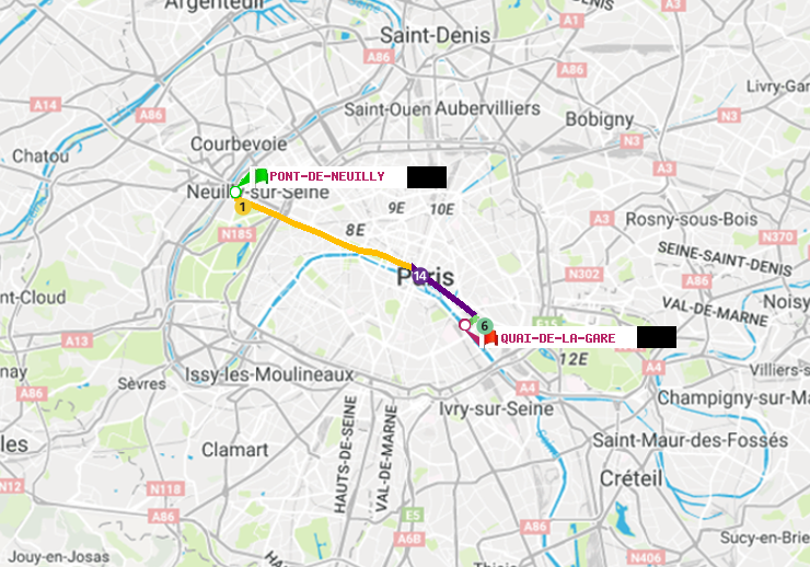 plan itinéraire ratp de Pont de Neuilly à Quai de la Gare