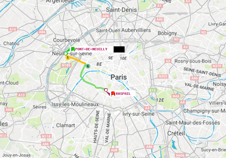 plan itinéraire ratp de Pont de Neuilly à Raspail