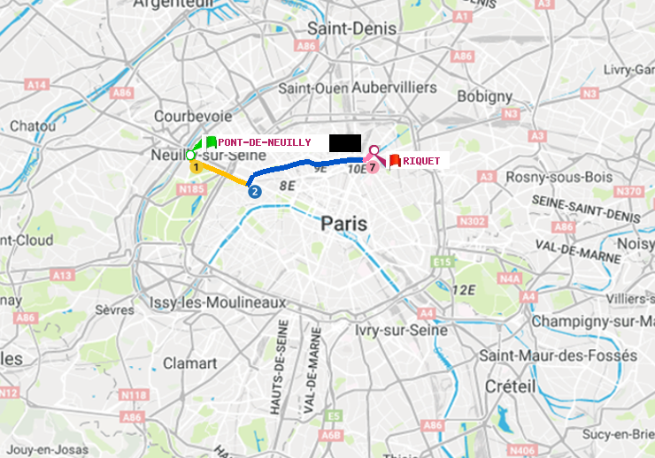 plan itinéraire ratp de Pont de Neuilly à Riquet
